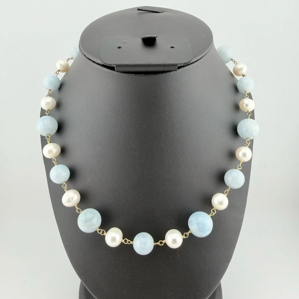 GSJ Blue White Pearl Beaded Toggle Necklace 925 Silver Gold Tone